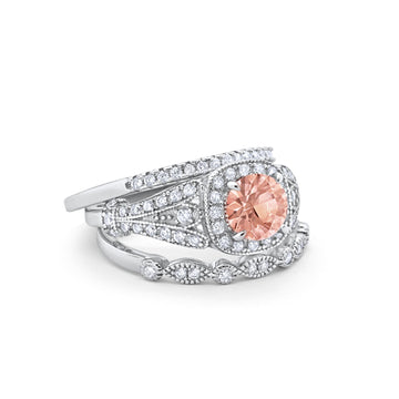 Three Piece Art Deco Bridal Wedding Ring Simulated Morganite CZ 925 Sterling Silver